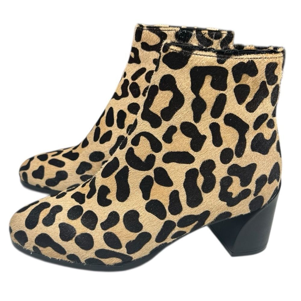 Van Eli Calf Hair Leopard Print Ankle Boots Size 7 Block Heel Cheetah Print